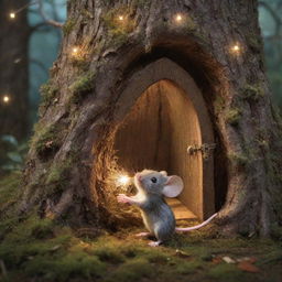 Depict a scene from a magical forest where Sparkle, a small adventurous mouse, discovers a hidden door woven from the roots of ancient trees, radiating with enchanting glow.