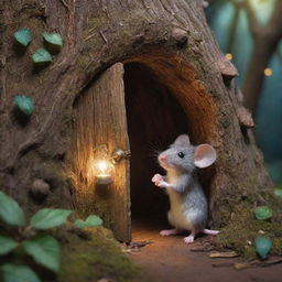 Depict a scene from a magical forest where Sparkle, a small adventurous mouse, discovers a hidden door woven from the roots of ancient trees, radiating with enchanting glow.