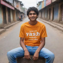 A 3D image of an adult teenager named 'YASH' sitting in Ayodhya City, celebrating the homecoming of Lord Ram. He's wearing a saffron t-shirt with his name 'YASH' written on the back in bold white letters