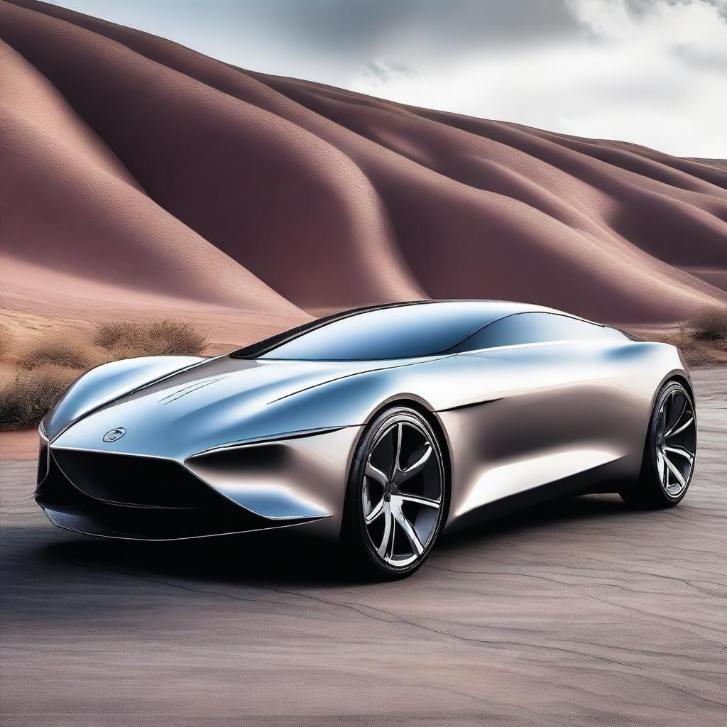 A low drag, aerodynamic, futuristic coupe with a mid-engine layout