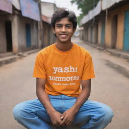 A 3D image of an adult teenager named 'YASH' sitting in Ayodhya City, celebrating the homecoming of Lord Ram. He's wearing a saffron t-shirt with his name 'YASH' written on the back in bold white letters