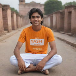 A 3D image of an adult teenager named 'YASH' sitting in Ayodhya City, celebrating the homecoming of Lord Ram. He's wearing a saffron t-shirt with his name 'YASH' written on the back in bold white letters