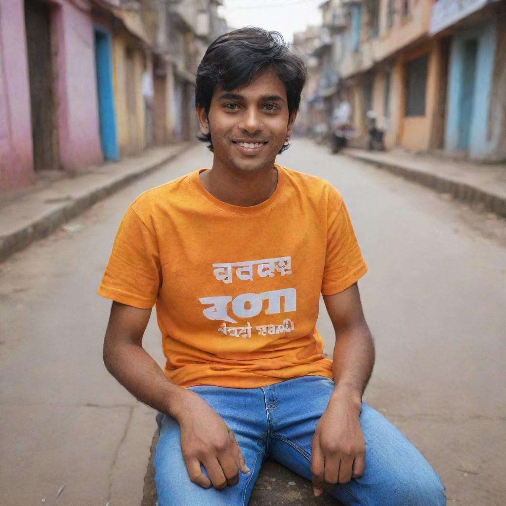 A 3D image of an adult teenager named 'YASH' sitting in Ayodhya City, celebrating the homecoming of Lord Ram. He's wearing a saffron t-shirt with his name 'YASH' written on the back in bold white letters