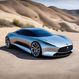 A low drag, aerodynamic, futuristic coupe with a mid-engine layout and no sideview mirrors