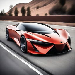 A low drag, aerodynamic, futuristic coupe with a mid-engine layout and no sideview mirrors