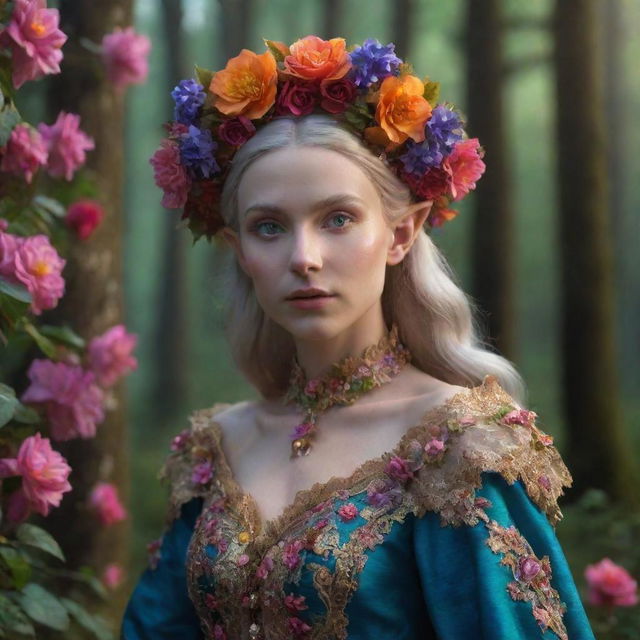 A hyper-realistic 3D female elf in a rococo attire standing amid the mystical Russian forest filled with vibrant-coloured flowers. Capture the fantasy-like atmosphere, inane details in close-up, radiating spirit vibes and the essence of cinematic photography.