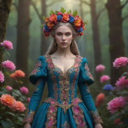 A hyper-realistic 3D female elf in a rococo attire standing amid the mystical Russian forest filled with vibrant-coloured flowers. Capture the fantasy-like atmosphere, inane details in close-up, radiating spirit vibes and the essence of cinematic photography.