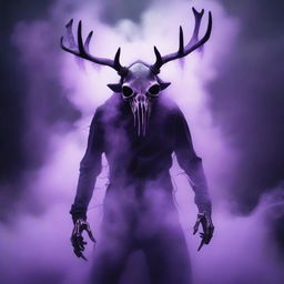 A skeletal monster wearing a moose mask, blowing purple smoke from the mask