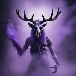 A skeletal monster wearing a moose mask, blowing purple smoke from the mask