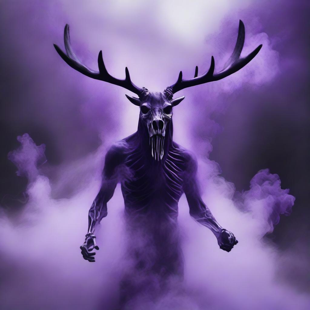 A skeletal monster wearing a moose mask, blowing purple smoke from the mask