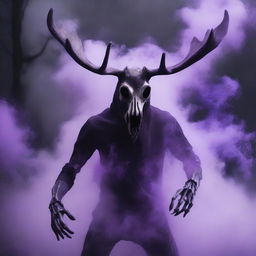 A skeletal monster wearing a moose mask, blowing purple smoke from the mask