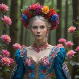 A hyper-realistic 3D female elf in a rococo attire standing amid the mystical Russian forest filled with vibrant-coloured flowers. Capture the fantasy-like atmosphere, inane details in close-up, radiating spirit vibes and the essence of cinematic photography.