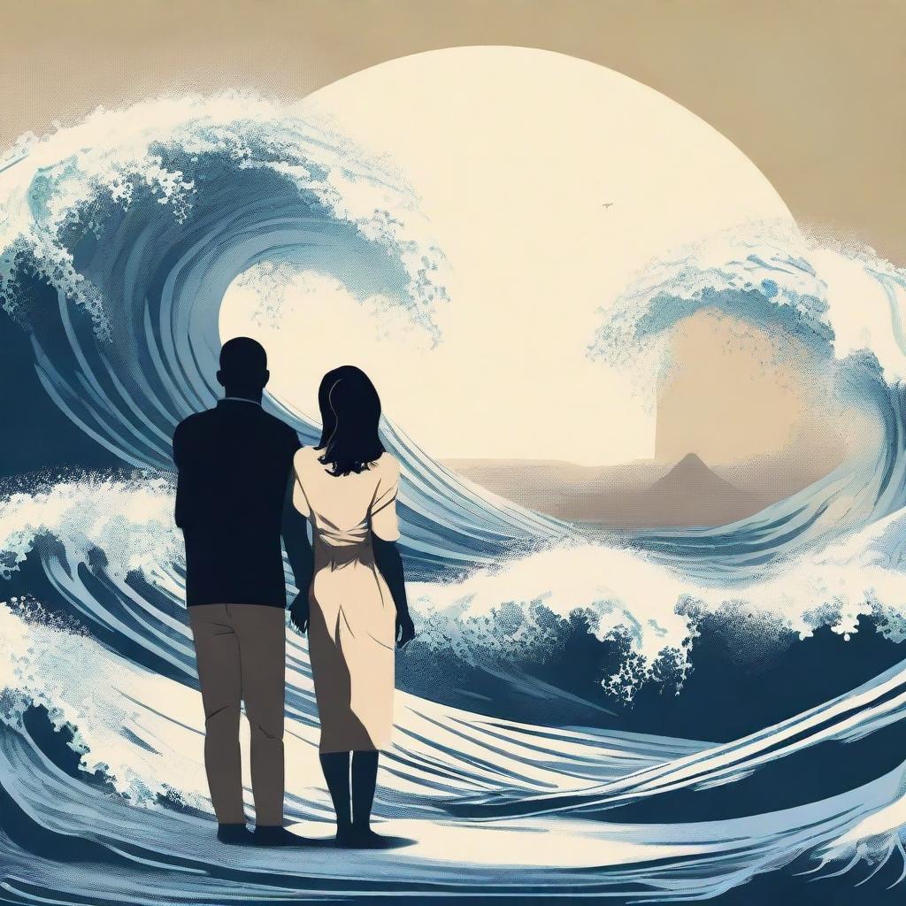 Create a captivating poster featuring a couple looking at a tsunami coming