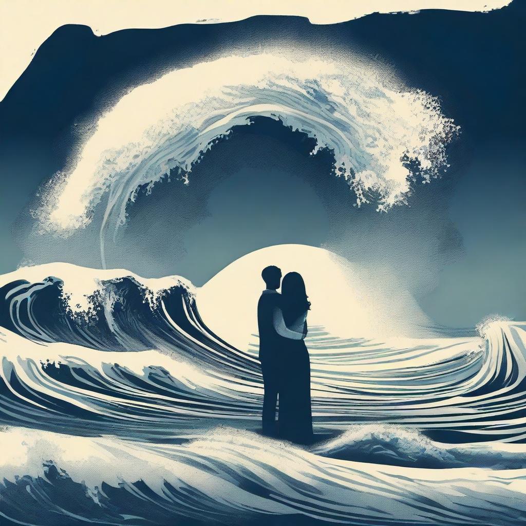 Create a captivating poster featuring a couple looking at a tsunami coming