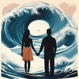 Create a captivating poster featuring a couple looking at a tsunami coming