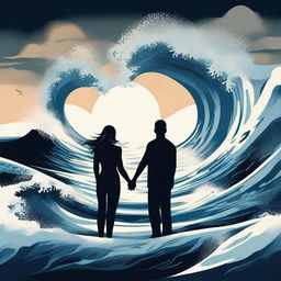 Create a captivating poster featuring a couple looking at a tsunami coming