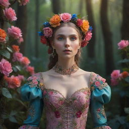 A hyper-realistic 3D female elf in a rococo attire standing amid the mystical Russian forest filled with vibrant-coloured flowers. Capture the fantasy-like atmosphere, inane details in close-up, radiating spirit vibes and the essence of cinematic photography.