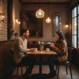 A romantic scene in a cozy cafe, with a man and a woman enjoying coffee together, chatting and laughing amidst warm lighting and elegant decor.