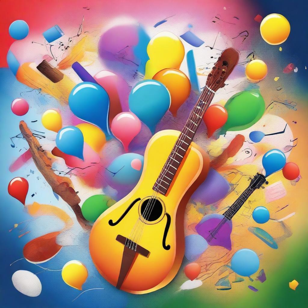 A colorful cartoon bubble bursting with various art items, drama props, and musical instruments exploding out of it