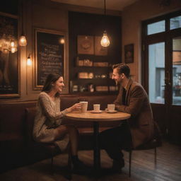 A romantic scene in a cozy cafe, with a man and a woman enjoying coffee together, chatting and laughing amidst warm lighting and elegant decor.