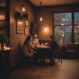 A romantic scene in a cozy cafe, with a man and a woman enjoying coffee together, chatting and laughing amidst warm lighting and elegant decor.