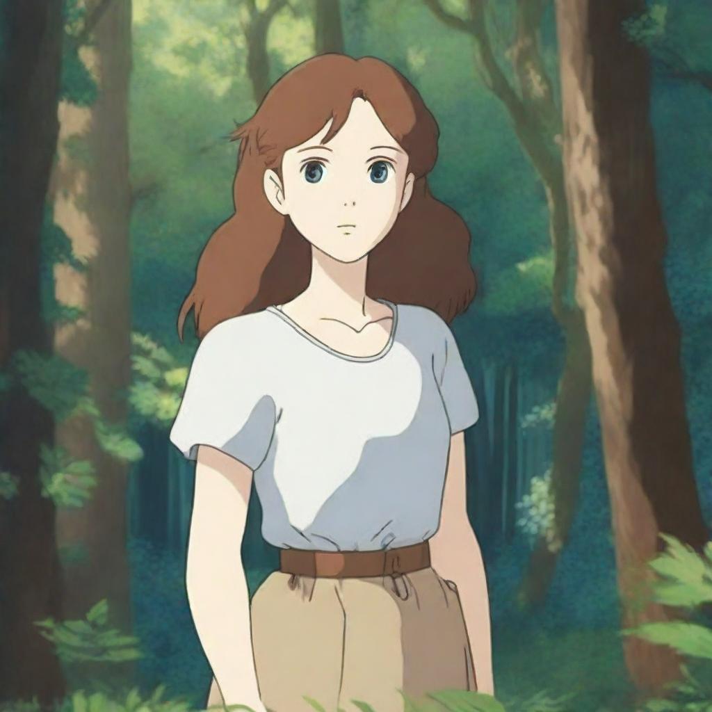 In the Studio Ghibli art style, a girl with pale skin, blue eyes, and wavy, shoulder-length brown hair