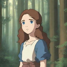 In the Studio Ghibli art style, a girl with pale skin, blue eyes, and wavy, shoulder-length brown hair