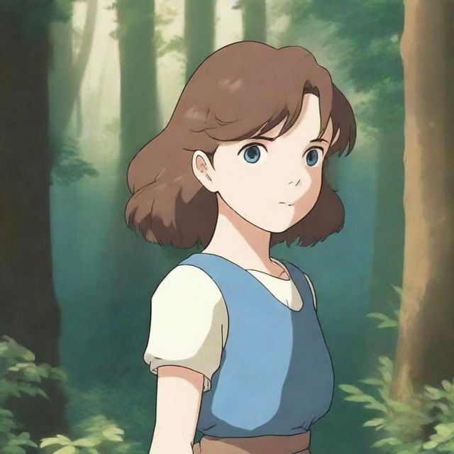 In the Studio Ghibli art style, a girl with pale skin, blue eyes, and wavy, shoulder-length brown hair