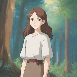 In the Studio Ghibli art style, a girl with pale skin, blue eyes, and wavy, shoulder-length brown hair