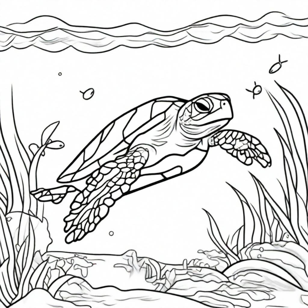 A coloring page for kids featuring a sea turtle swimming in the ocean