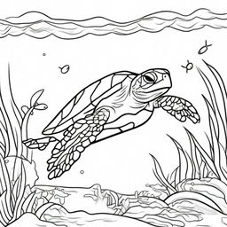 A coloring page for kids featuring a sea turtle swimming in the ocean