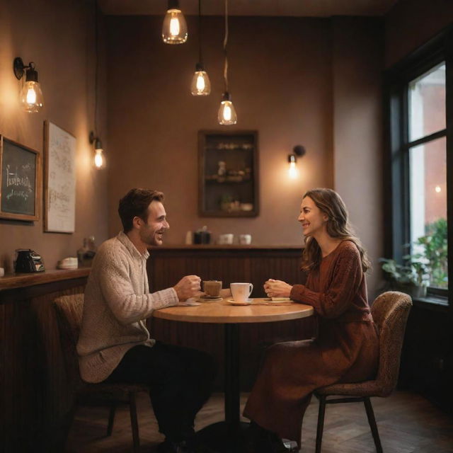 A romantic scene in a cozy cafe, with a man and a woman enjoying coffee together, chatting and laughing amidst warm lighting and elegant decor.