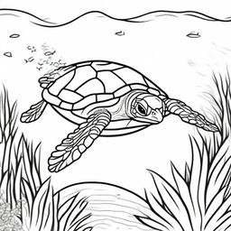 A coloring page for kids featuring a sea turtle swimming in the ocean