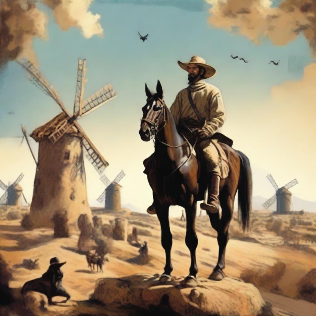 A depiction of Don Quixote in a Spanish bohemian setting, standing valiantly with windmills in the background