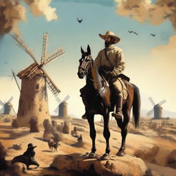 A depiction of Don Quixote in a Spanish bohemian setting, standing valiantly with windmills in the background