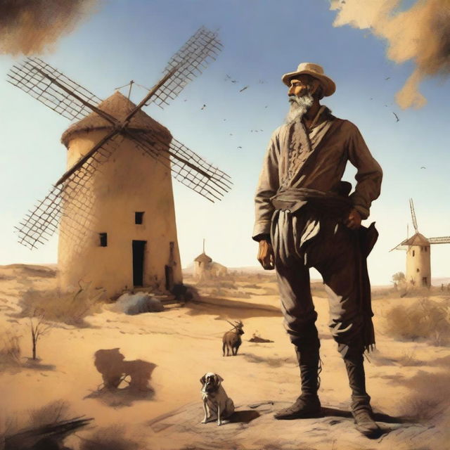 A depiction of Don Quixote in a Spanish bohemian setting, standing valiantly with windmills in the background