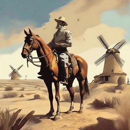 A depiction of Don Quixote in a Spanish bohemian setting, standing valiantly with windmills in the background