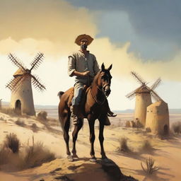 A depiction of Don Quixote in a Spanish bohemian setting, standing valiantly with windmills in the background