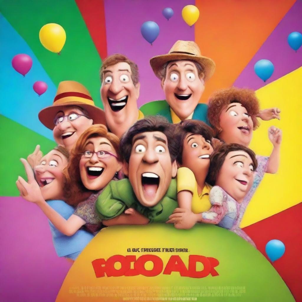 A vibrant and humorous movie poster featuring a group of quirky characters in a comical situation