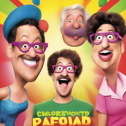 A vibrant and humorous movie poster featuring a group of quirky characters in a comical situation