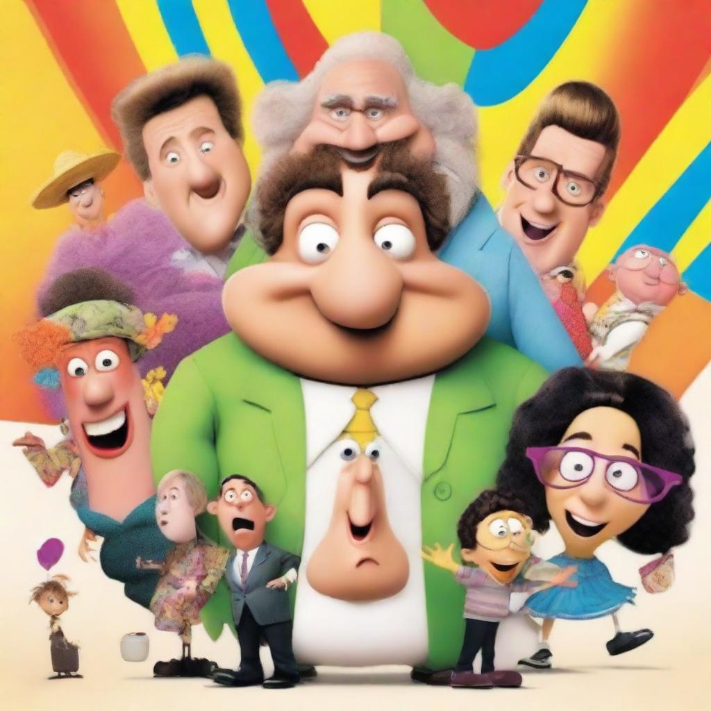 A vibrant and humorous movie poster featuring a group of quirky characters in a comical situation