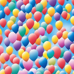 A vibrant and colorful poster featuring a variety of balloons in different shapes and sizes floating in the sky