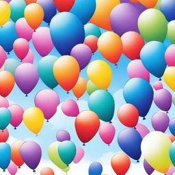 A vibrant and colorful poster featuring a variety of balloons in different shapes and sizes floating in the sky