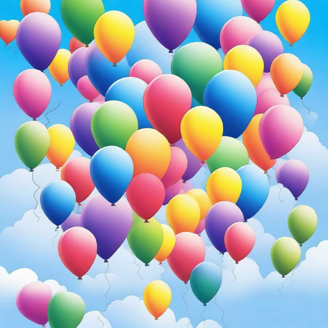 A vibrant and colorful poster featuring a variety of balloons in different shapes and sizes floating in the sky