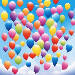 A vibrant and colorful poster featuring a variety of balloons in different shapes and sizes floating in the sky