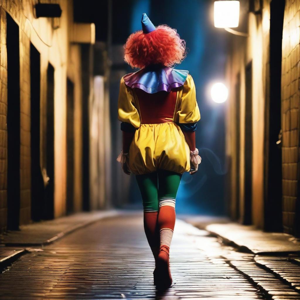 A woman dressed as a clown, viewed from the back, holding a cigarette