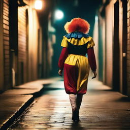 A woman dressed as a clown, viewed from the back, holding a cigarette