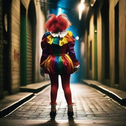 A woman dressed as a clown, viewed from the back, holding a cigarette