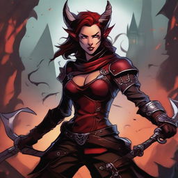 A high quality image of a female Tiefling rogue, depicted as a massive adrenaline junkie