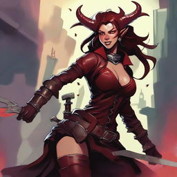 A high quality image of a female Tiefling rogue, depicted as a massive adrenaline junkie